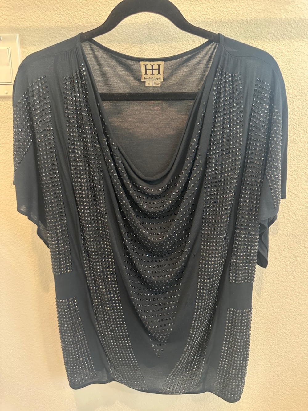 Haute Hippie Collection Black Drape Front Sparkle Studded Top